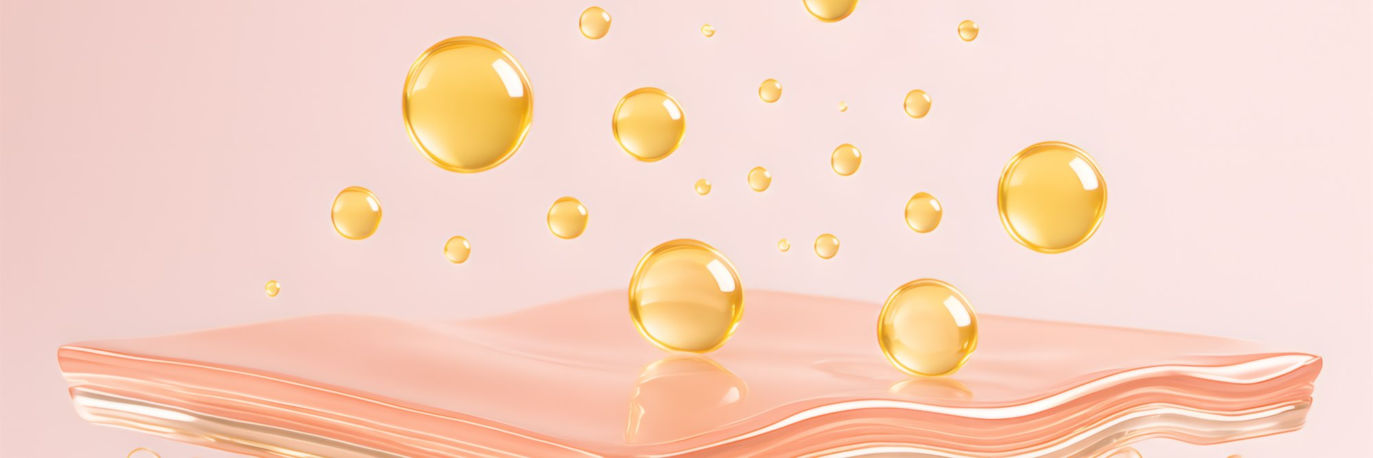 An illustration of skin in cross-section, with golden oil droplets floating above its rippled surface.
