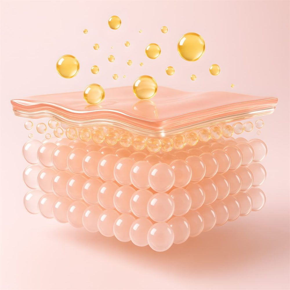 An illustration of skin in cross-section: layers of rounded cells beneath a rippled surface, with oil droplets resting on and above it.