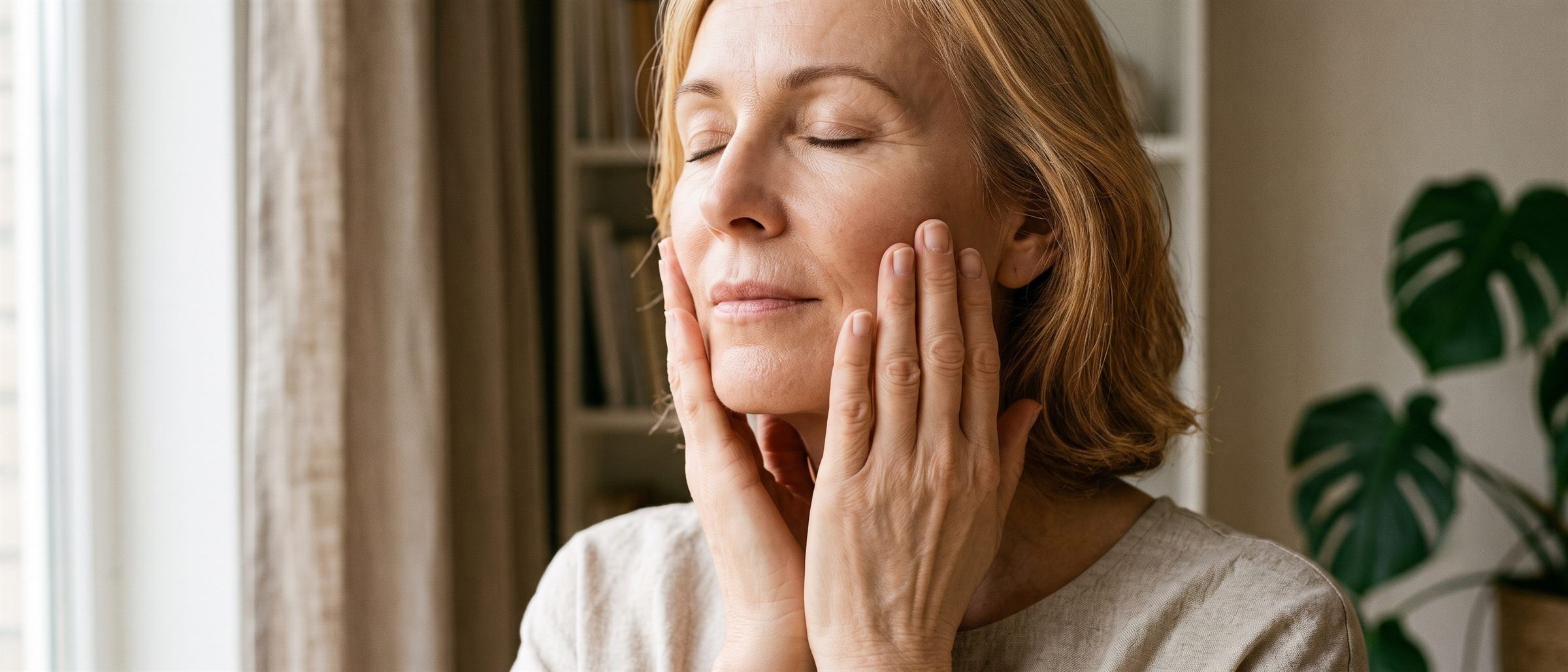 A woman with her eyes closed, resting both hands against her cheeks, in soft daylight beside a window.